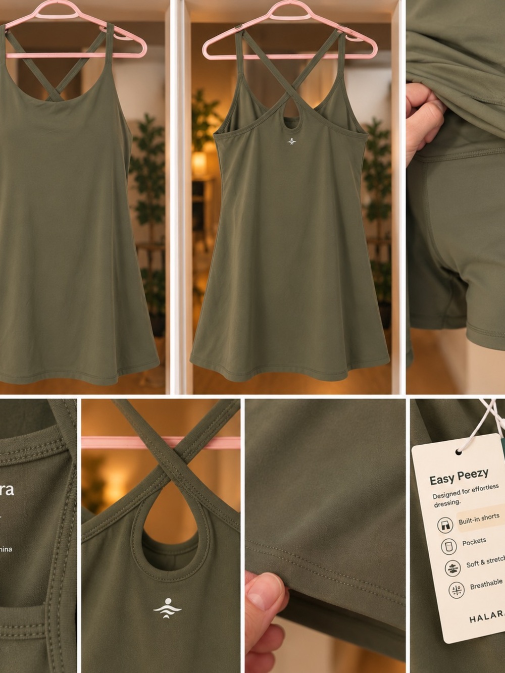 HALARA Olive Crossback A-line Tank with Built-in Shorts